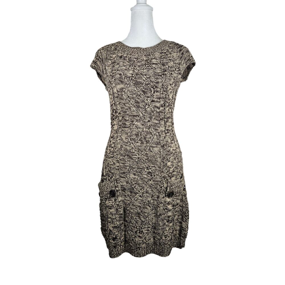 JJ Basics Women's Sweater Dress Brown Short Sleeve Back‎ Cut Out Small Buttons